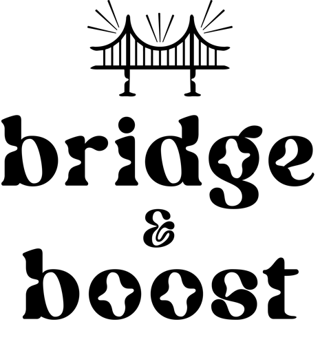 Bridge and Boost logo — a minimalist design featuring bold, modern typography with two stylized curved lines resembling a bridge above the text.